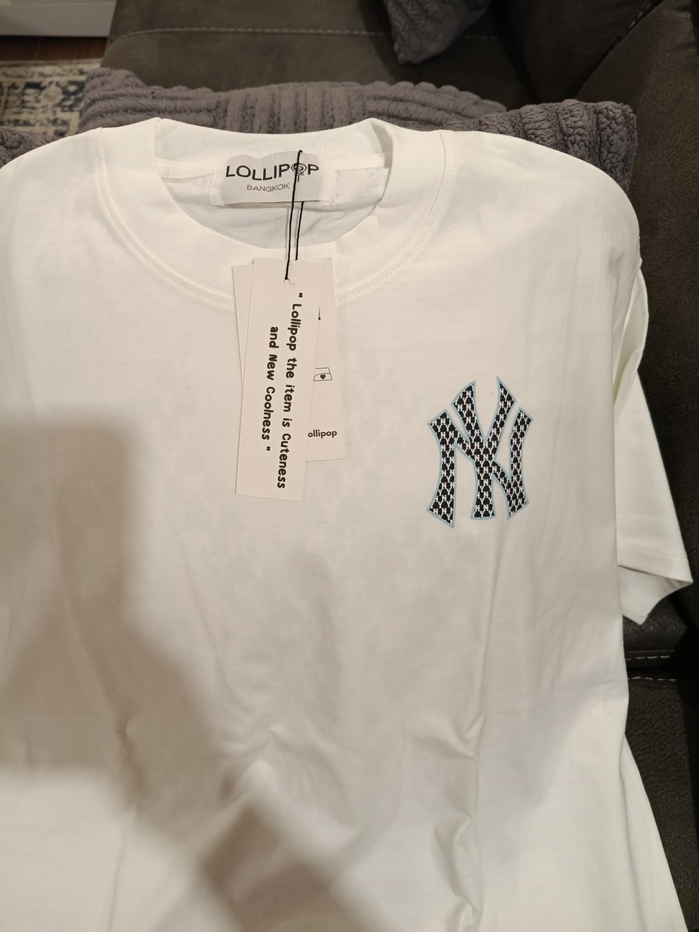 Lollipop White Tee with Blue Patterned Logo Patch
